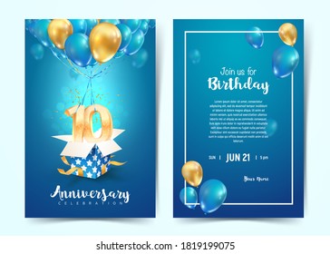 Celebration of 10 th years birthday vector invitation card. Ten years anniversary celebration brochure. Template of invitational for print on blue background