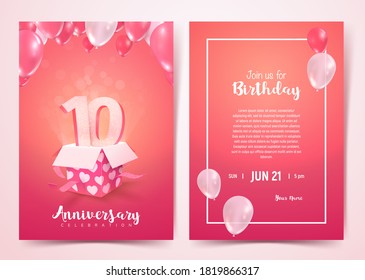 Celebration of 10 th years birthday vector invitation cards . Ten years anniversary celebration front and back side card. Print templates of invitational on pink background