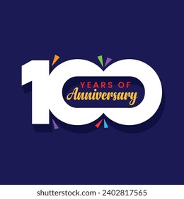 Celebration of 100 years anniversary template design. Party celebration banner, poster, greeting card. One hundred number sign. 100th year jubilee.