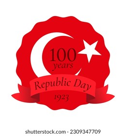 Celebration of 100 years anniversary of Turkish Republic. Festivity card with number 100, ribbon, white crescent and star on red background. 29 October. 1923 - 2023, National victory day. Flat vector