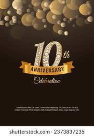 Celebration of the 10th anniversary. Design with a gold ribbon and a number in diamonds. The concept of the golden text. Illustration of a vector template for festive events, postcards, invitations.