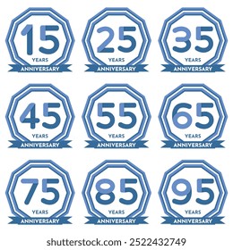 Celebración 15 a 95 años de aniversario - Sellos azules y transparentes en forma de decágono con cinta.