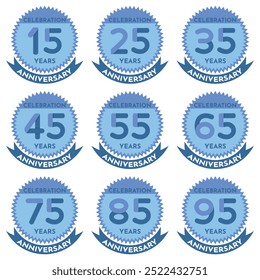 Celebration 15 to 95 Years Anniversary - Blue Seals in Zig Zag Circle with Ribbon.