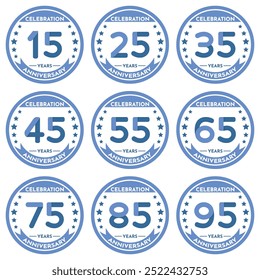 Celebration 15 to 95 Years Anniversary - Blue and Transparent Seals in Circular Shape.