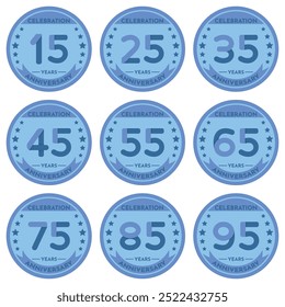 Celebration 15 to 95 Years Anniversary - Blue Seals in Circular Shape.