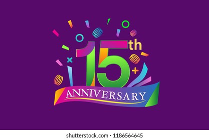 celebration 15th anniversary background with colorful ribbon and confetti. Poster or brochure template. Vector illustration.
