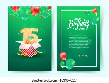 Celebration of 15th years birthday vector invitation card. Fifteen years anniversary celebration brochure. Template of invitational for print on green background