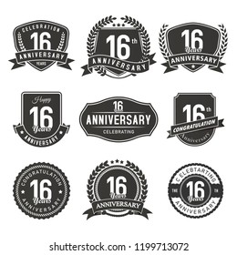 Celebration 16 anniversary retro badge and labels set vector image