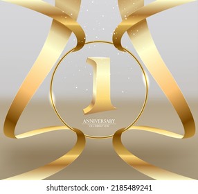 celebration of the 1st anniversary. Gold numbers with shiny gold confetti and gold ribbons. Decoration for party event. One year jubilee celebration. Vector illustration.