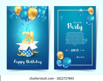 Celebración de la tarjeta de invitación vectorial de cumpleaños por 21 años. Folleto de la celebración del 21° aniversario. Plantilla de invitación para imprimir sobre fondo azul