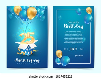 Celebration Of 25 Th Years Birthday Vector Invitation Card. Twenty Five Years Anniversary Celebration Brochure. Template Of Invitational For Print On Blue Background