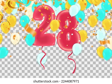  celebration 28 birthday Happy birthday, congratulations poster. Balloons numbers with sparkling confetti. Vector