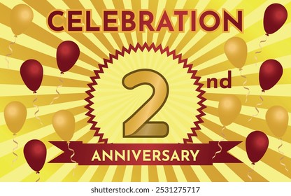 Celebration 2nd Anniversary - Gold and Ruby Layout with Party Balloons. Circular Zig Zag Seal with Ribbon on Radial Background. Rectangle Shape.