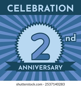 Celebration 2th Anniversary - Blue Layout. Circular Zig Zag Seal with Ribbon on Radial Background. Square Shape.