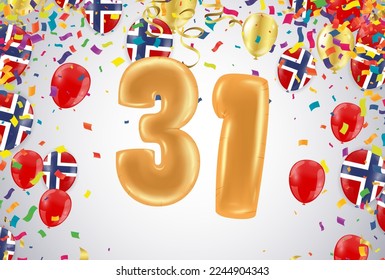  celebration 31 birthday Happy birthday, congratulations poster. Balloons numbers with sparkling confetti. Vector