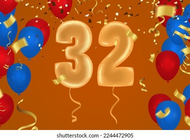  celebration 32 birthday Happy birthday, congratulations poster. Balloons numbers with sparkling confetti. Vector