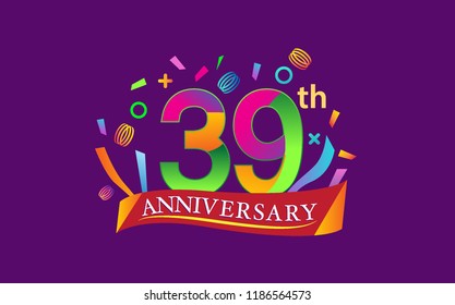 celebration 39th anniversary background with colorful ribbon and confetti. Poster or brochure template. Vector illustration.

