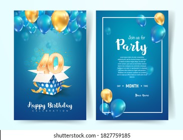 Celebration of 40 th years birthday vector invitation card. Forty years anniversary celebration brochure. Template of invitational for print on blue background