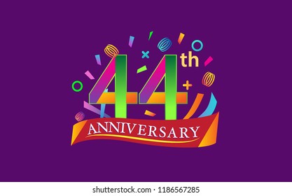 celebration 44th anniversary background with colorful ribbon and confetti. Poster or brochure template. Vector illustration.