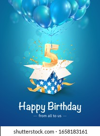 Celebration of 5 th years birthday vector 3d illustration. Fifth years anniversary celebrating. Open gift box with number five flying on balloons on blue background