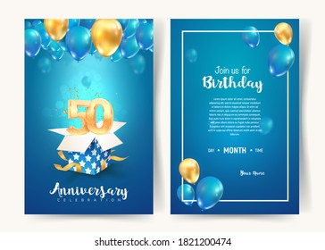 Celebration of 50 th years birthday vector invitation card. Fifty years anniversary celebration brochure. Template of invitational for print on blue background