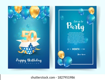 Celebración de la tarjeta de invitación vectorial de 50 años de cumpleaños. Folleto de la celebración del 50 aniversario. Plantilla de invitación para imprimir sobre fondo azul