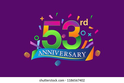 celebration 53rd anniversary background with colorful ribbon and confetti. Poster or brochure template. Vector illustration.