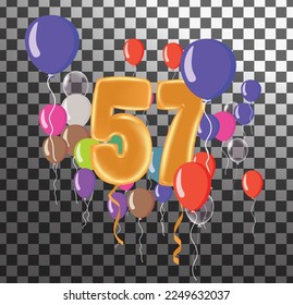  celebration 57 birthday Happy birthday, congratulations poster. Balloons numbers with sparkling confetti. Vector