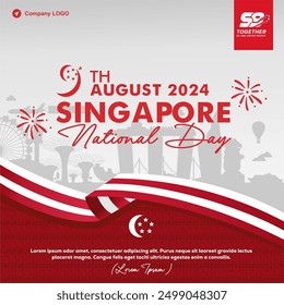 Celebration of 59th Singapore National Day August 2024 Greeting with 59 Logo, 9 logo, City Landscape. Singapura Merdeka 9 Agustus 2024 meaning Independence Day of Singapore 9th August 2024.