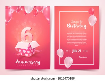 Celebration of 6 th years birthday vector invitation cards . Sixth years anniversary celebration front and back side card. Print templates of invitational on pink background