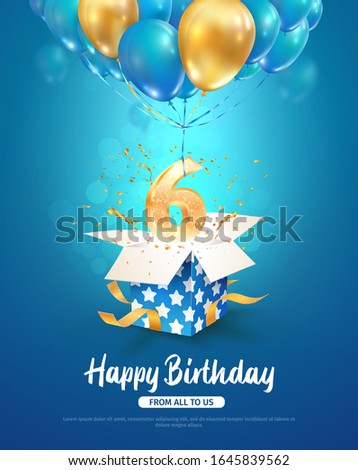Celebration of 6 th years birthday vector 3d illustration. Sixth years anniversary celebrating. Open gift box with number six flying on balloons on blue background