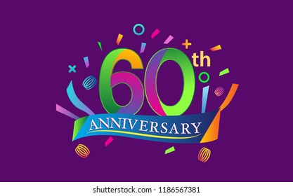 celebration 60th anniversary background with colorful ribbon and confetti. Poster or brochure template. Vector illustration.