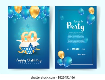 Celebration of 60th years birthday vector invitation card. Sixty years anniversary celebration brochure. Template of invitational for print on blue background