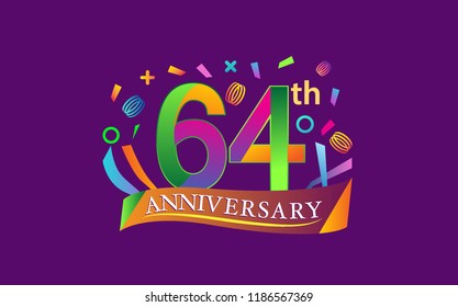 celebration 64th anniversary background with colorful ribbon and confetti. Poster or brochure template. Vector illustration.