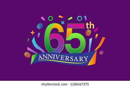 celebration 65th anniversary background with colorful ribbon and confetti. Poster or brochure template. Vector illustration.