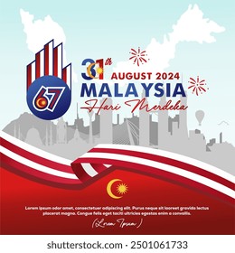 Celebration of 67th Malaysia "Hari Merdeka" Means Independence Day August 2024 greeting, banner, background,poster, template. Design with 67 logo, map and landmarks. Malaysia vector illustration