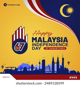 Feier des 67. Malaysia Independence Day 2024 Poster, Banner, Hintergrund, Grußkarte, Vorlage. Design mit 67 Logo, Wahrzeichen und Social Media Spot. Malaysia-Vektorillustration