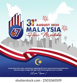 Celebration of 67th Malaysia Independence Day 2024 poster, banner, background, greeting card, template. Design with 67 logo and landmarks. Malaysia Day 16 September vector illustration