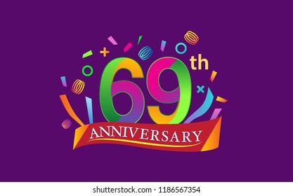 celebration 69th anniversary background with colorful ribbon and confetti. Poster or brochure template. Vector illustration.