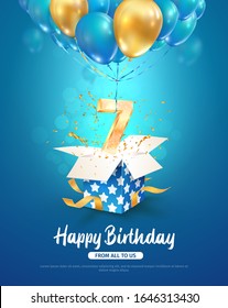 Celebration of 7 th years birthday vector 3d illustration. Seventh years anniversary celebrating. Open gift box with number seven flying on balloons on blue background