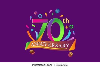 celebration 70th anniversary background with colorful ribbon and confetti. Poster or brochure template. Vector illustration.
