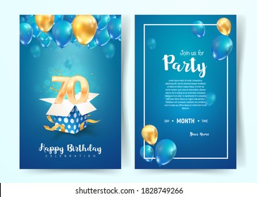 Celebration of 70th years birthday vector invitation card. Seventy years anniversary celebration brochure. Template of invitational for print on blue background svg
