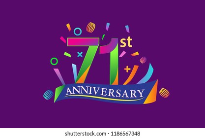 celebration 71st anniversary background with colorful ribbon and confetti. Poster or brochure template. Vector illustration.