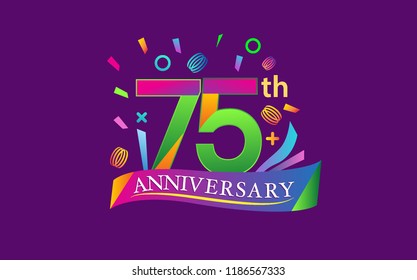 celebration 75th anniversary background with colorful ribbon and confetti. Poster or brochure template. Vector illustration.