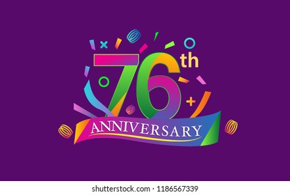 celebration 76th anniversary background with colorful ribbon and confetti. Poster or brochure template. Vector illustration.