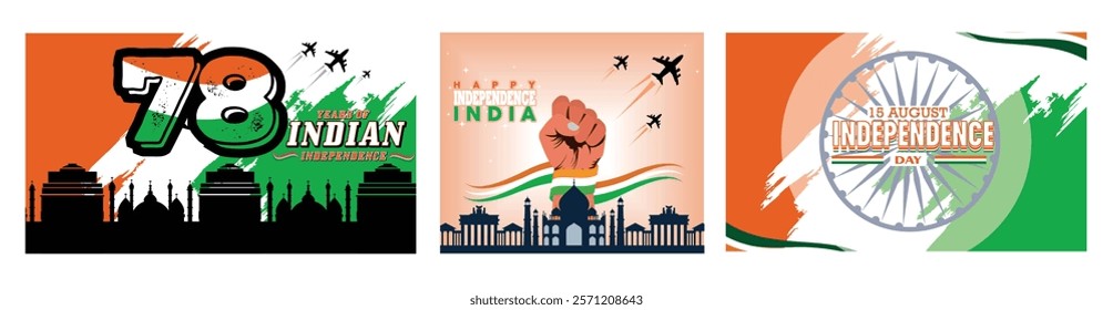 Celebration of 78 Years of Indian Independence with Patriotic. Clenched fists and National Symbols. Ashoka Chakra. Set flat vector modern illustration