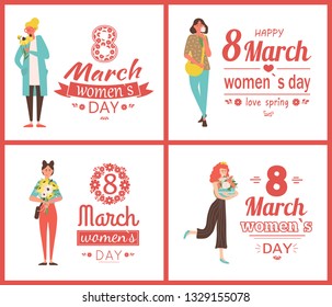 Celebration of 8 march vector, posters with text and woman holding bouquets, flowers in hands. Roses and gerbera, white daisy and yellow daffodil