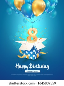 Celebration of 8 th years birthday vector 3d illustration. Eighth years anniversary celebrating. Open gift box with number eight flying on balloons on blue background