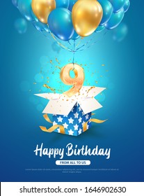 Celebration of 9 th years birthday vector 3d illustration. Ninth years anniversary celebrating. Open gift box with number nine flying on balloons on blue background