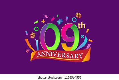 celebration 9th anniversary background with colorful ribbon and confetti. Poster or brochure template. Vector illustration.
